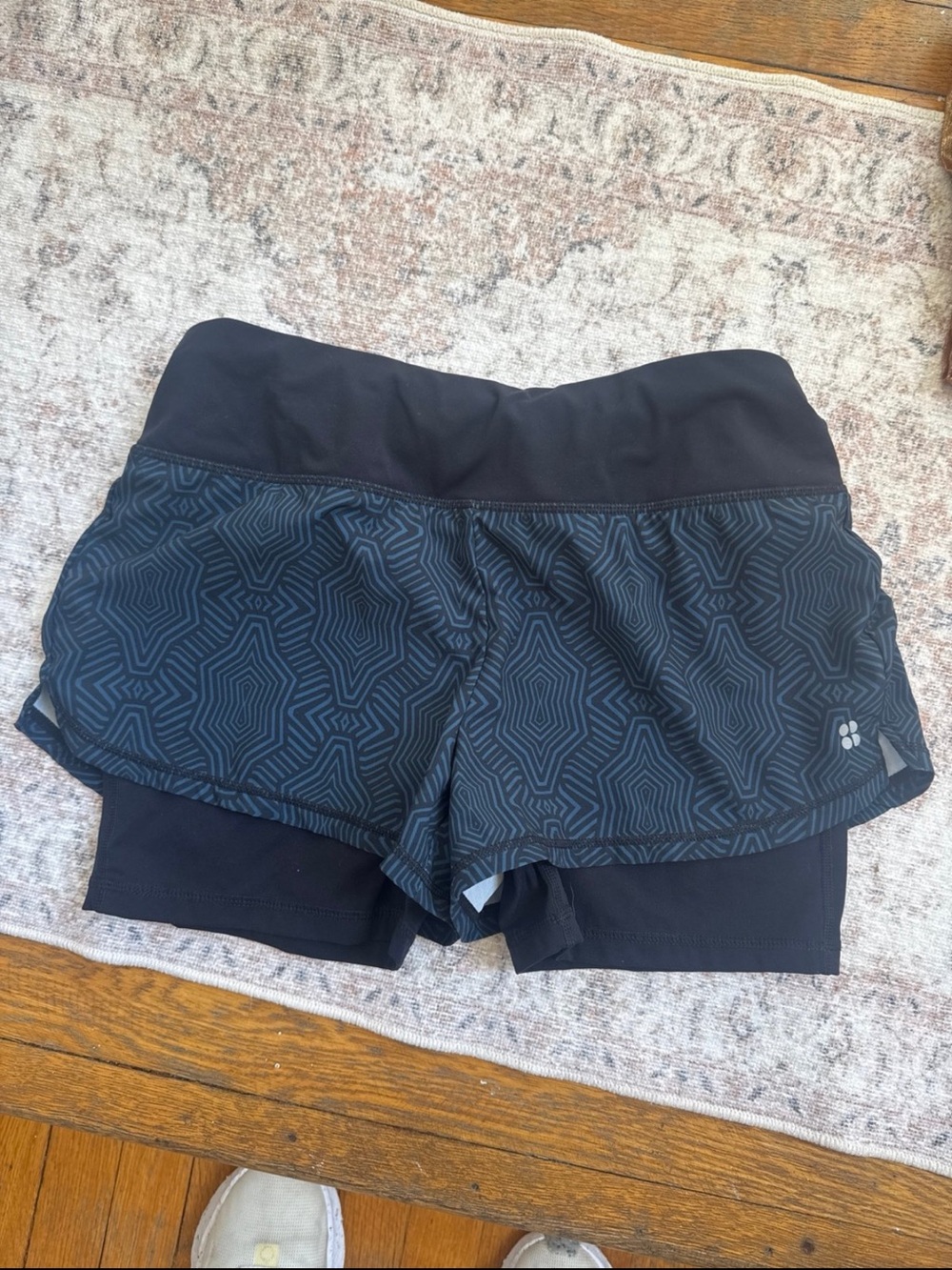 NWOT Sweaty Betty Black Geometric Layered Athletic Shorts with built in spandex